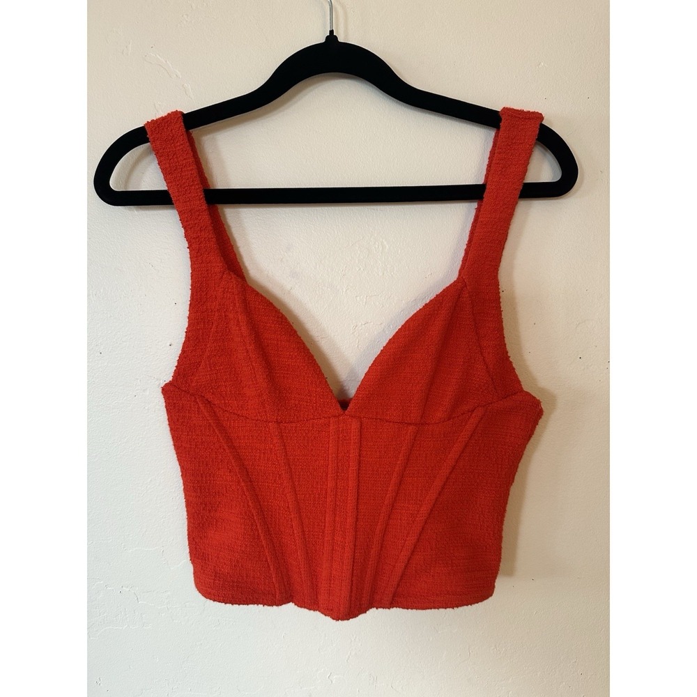 Zara Women Corset Style Crop Top S Orange Sweatheart Plenge V Neck Textured Tank